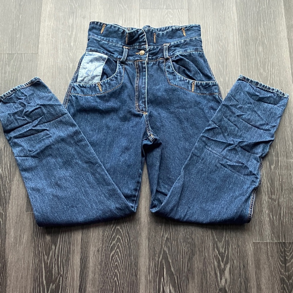 Vintage 80s 90s Super High Rise Straight Leg Dark Wash Jeans Patched Detail